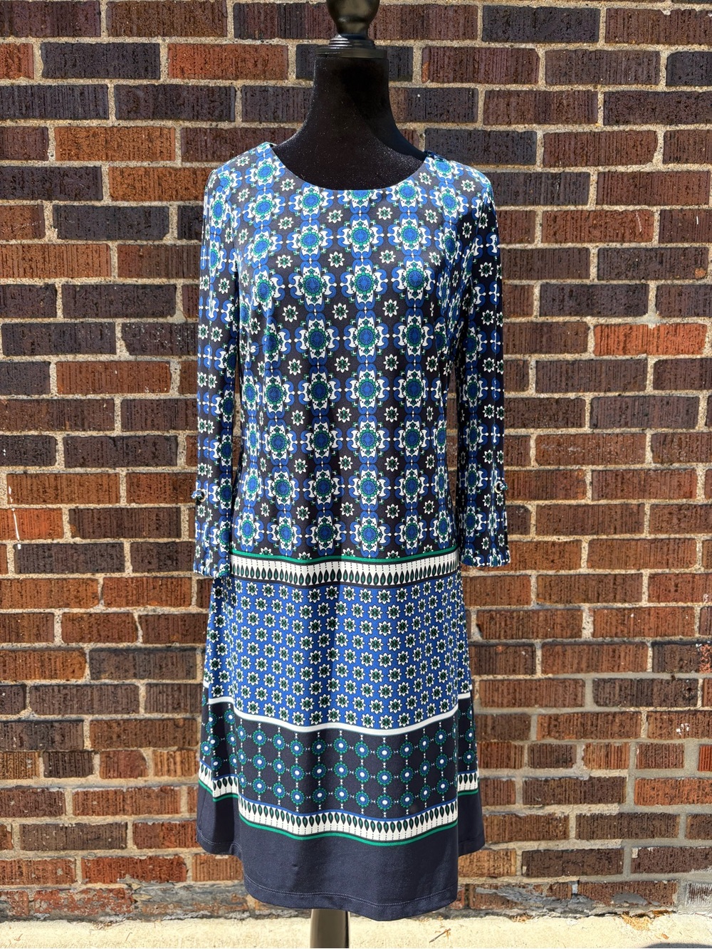 Tommy Hilfiger Navy Blue and Green Patterned Long Sleeve Dress
